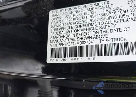 2021 Honda Ridgeline Awd Sport из США, поврежденный, VIN 5FPYK3F19MB027341